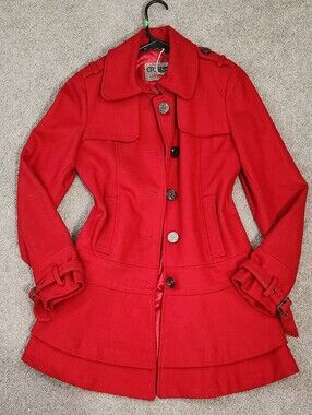GUESS Red Tailored Wool-Blend Pea Coat with Flared Hem